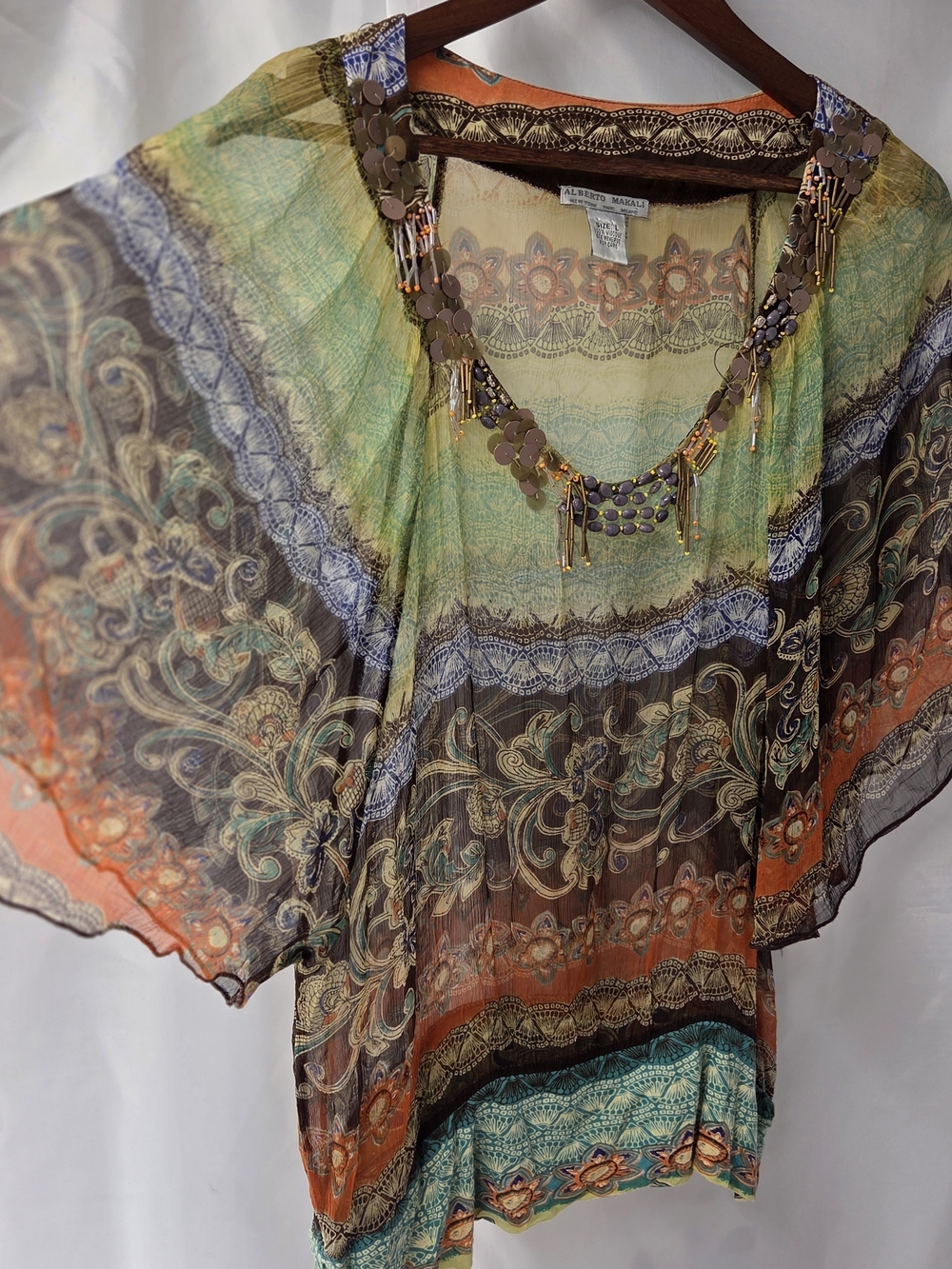 VTG Alberto Makali Y2K Silk Look Viscose Beaded Kimono Sleeve Tunic Top L Boho